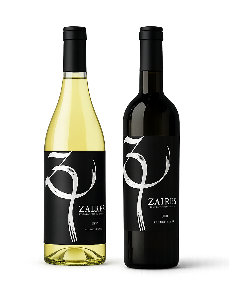 Garrafas dos vinhos Zaires — branco e tinto, lado a lado